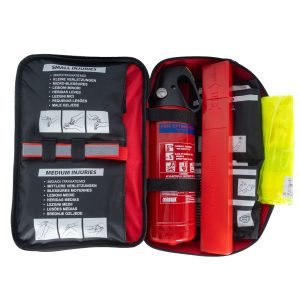 Σετ με περιεχόμενα, πυροσβεστήρα 2kg, γιλέκο, τρίγωνο.